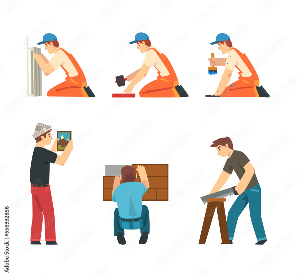 Man Worker in Overall Doing Maintenance Work Vector Set