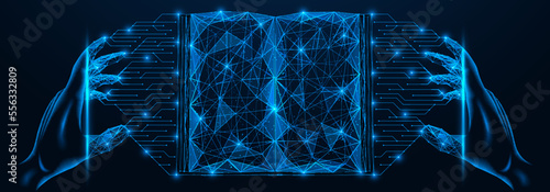 Artificial intelligence creating an e-book. Polygonal design of interconnected lines and points. Blue background.