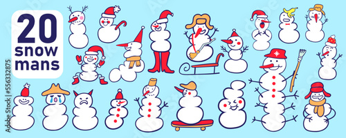set of cartoon snowmen in flat style