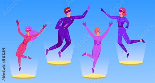 People in VR glasses and suit experiencing virtual reality simulation. Metaverse digital cyber world technology. AR gaming, entertainment, education. Futuristic life and modern devices. Vector