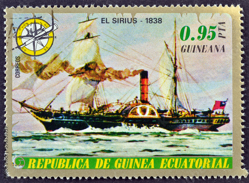 Cancelled postage stamp printed by Equatorial Guinea, that shows Steamer El Sirius from 1838, circa 1974.