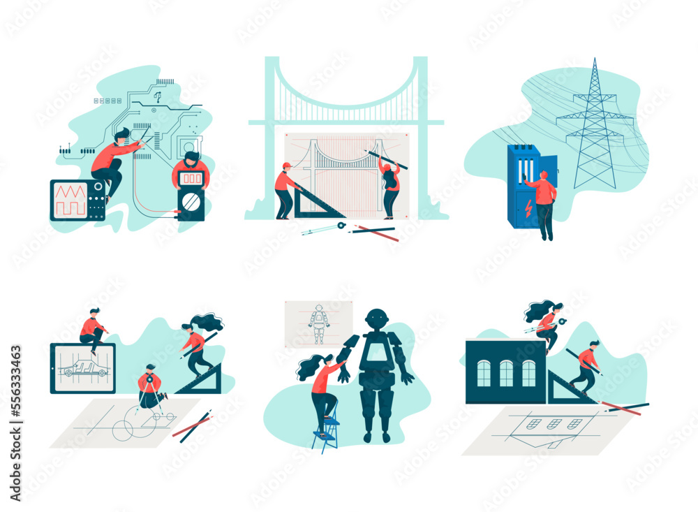 People Characters Engineering Project Engaged in Construction and Design Vector Set People Characters Engineering Project Engaged in Construction and Design Vector Set