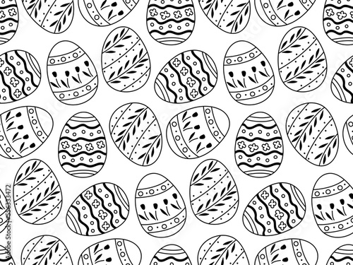 Easter seamless pattern. Happy Easter doodle background with easter eggs. Black and white Vector sketch illustration, design elements for wallpaper, textile, packaging, textiles, banners.