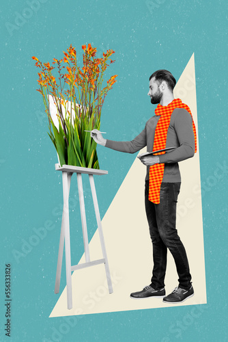 Leinwand Poster Creative 3d composite collage photo of young man artist wear stylish orange knit