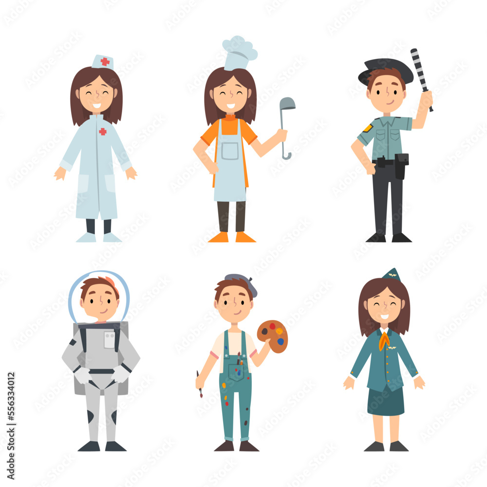 Cute Boy and Girl Having Different Profession Wearing Uniform Vector Set