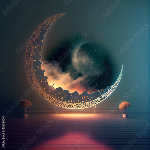 Generative AI:antasy room with crescent moon and milky way photo