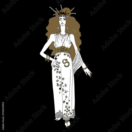 Beautiful antique woman or goddess. Isolated vector illustration. On black background.