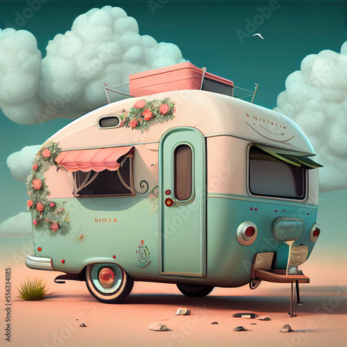 Generative AI:cute camp in the desert with flowers and blue sky