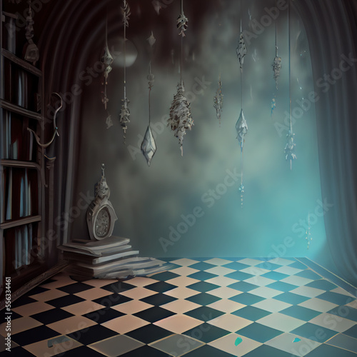 Generative AI: fantasy room with checkered floor and books photo