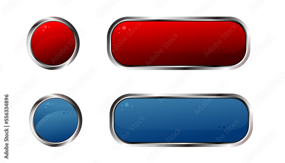 Red and blue glossy buttons with metallic, chrome elements Red and blue glossy buttons with metallic, chrome elements