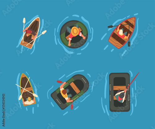 Man Rowing Boat with Paddle or Oar Drifting on Blue Surface of Water Above View Vector Set