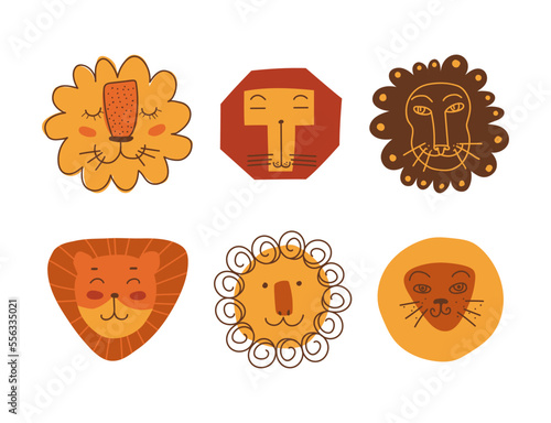 Funny Lion as African Animal with Mane Doodle Vector Set