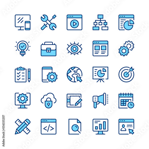 Web development line icons. Blue color. Vector line icons set