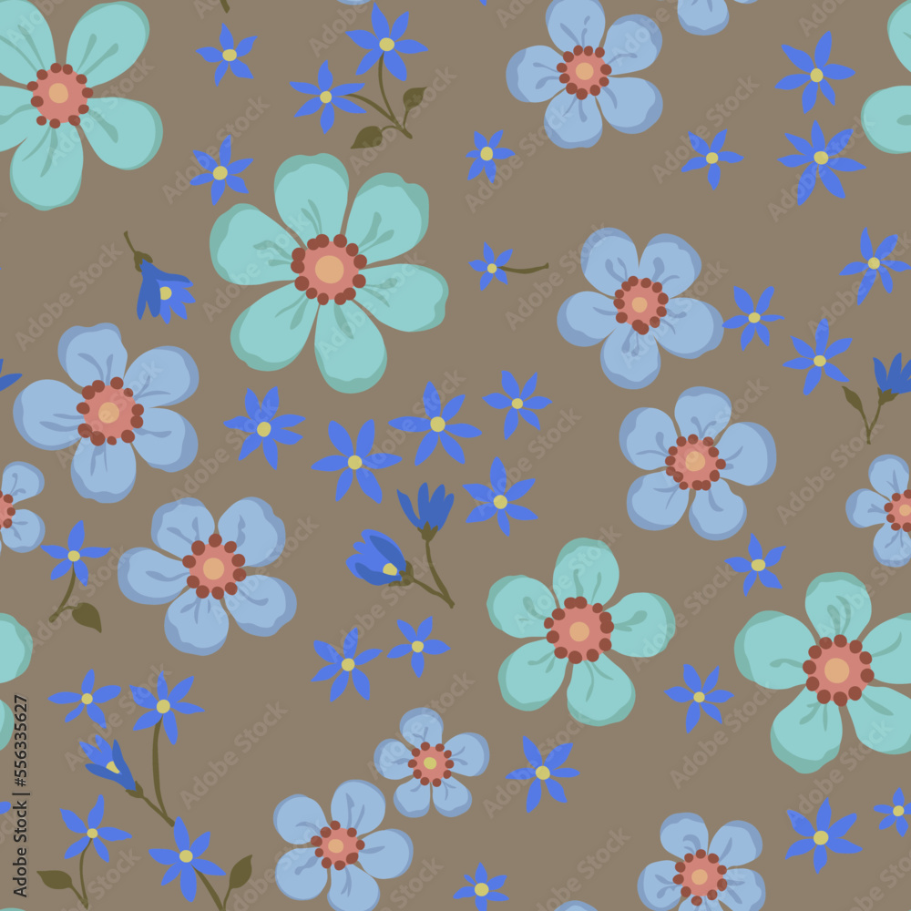 Seamless vintage pattern. Dark green background. Large yellow and small blue flowers. Vector texture. Fashionable print for textiles and wallpaper.