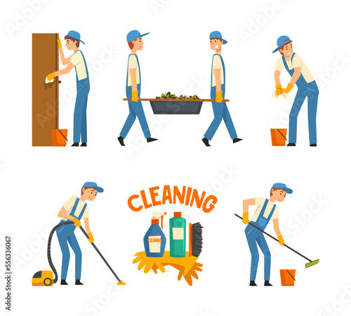 Cleaning Service with Man Doing Domestic Chores and Housekeeping Vector Set