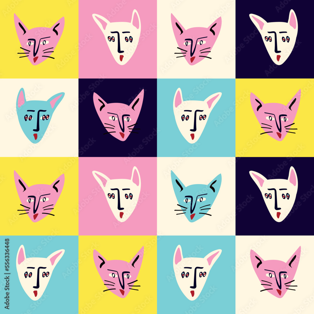 Pattern with Funky cat with a lovely face. Freaky comic cat face. Bizarre Valentine's Day pattern Pattern with Funky cat with a lovely face. Freaky comic cat face. Bizarre Valentine's Day pattern