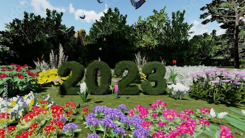 3d animation, 2023 animation with a view, flowers in the new year celebration with a view, 4k video, 
