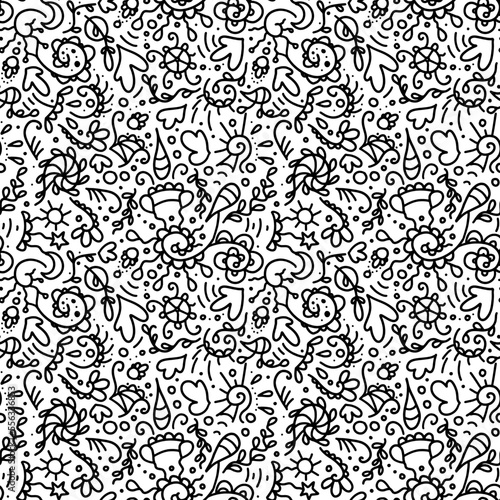 Doodle pattern of curve black lines. Seamless background with floral elements for digital decor