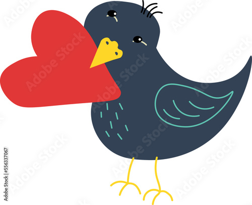 Cartoon blueberry love bird with heart isolated on a white background. Good for cards, stickers, posters, logos. Happy Valentine's Day. 