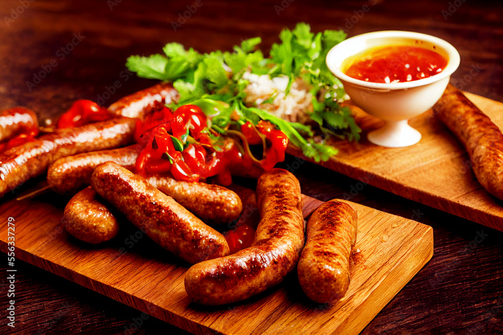 Delicious sausages with tasty sauces Generative AI