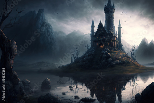 Background for a scary fairy tale background, a dark gothic castle in a dark dead valley, some kind of gray place in a gloomy area of a mountainous region. Generative AI  © Надежда Семироз