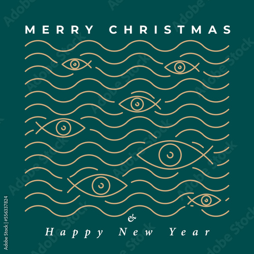 Merry Christmas Concept with Jesus Christ Symbol Fish Signs Combined with Eye of Providence Logo and Happy New Year Lettering - Gold Waves on Turquoise Background - Flat Graphic Design © Drug Naroda