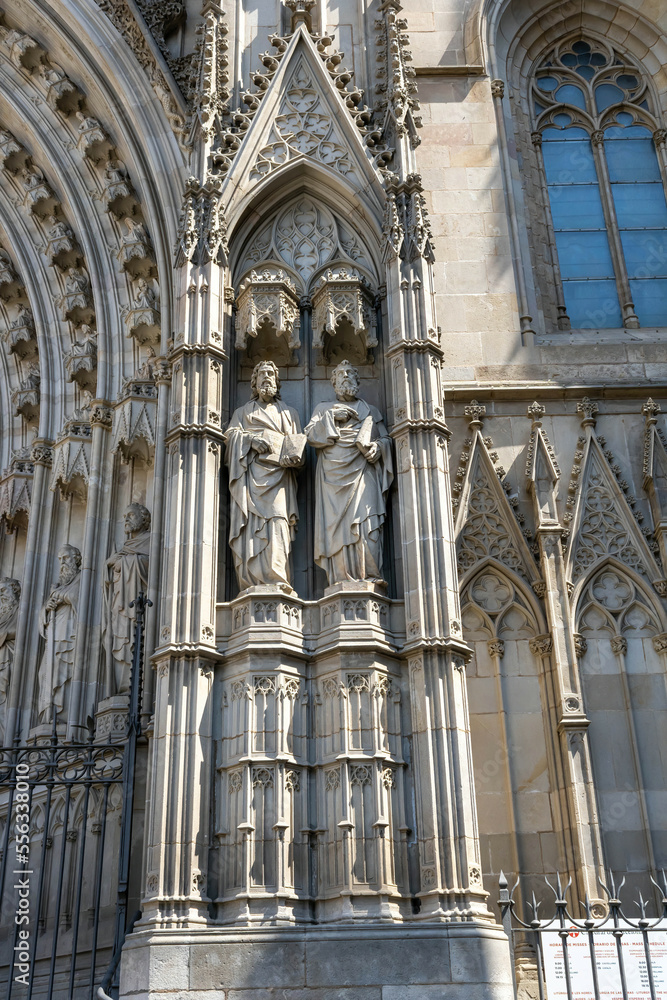Sculptures of St. Peter and Paul, fragment of the facade decoration of the Cathedral of Barcelona