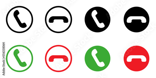 Conjunto de iconos de llamada. Rojo y verde. Contestar y rechazar llamada, llamada perdida, llamar a contacto. Concepto de comunicación. Ilustración vectorial