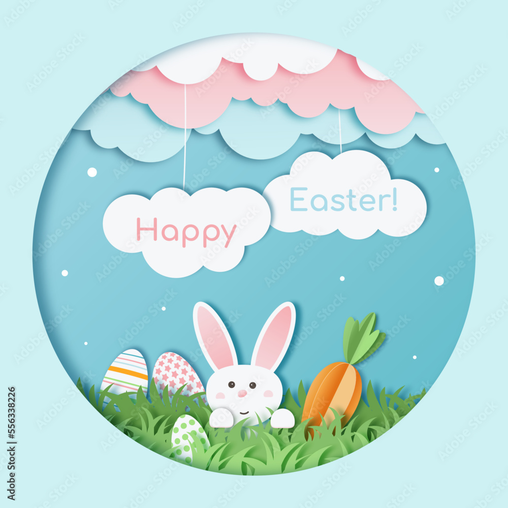 cutout happy easter. Paper cut card with rabbit and clouds. Easter bunny with eggs and carrot cutout happy easter. Paper cut card with rabbit and clouds. Easter bunny with eggs and carrot
