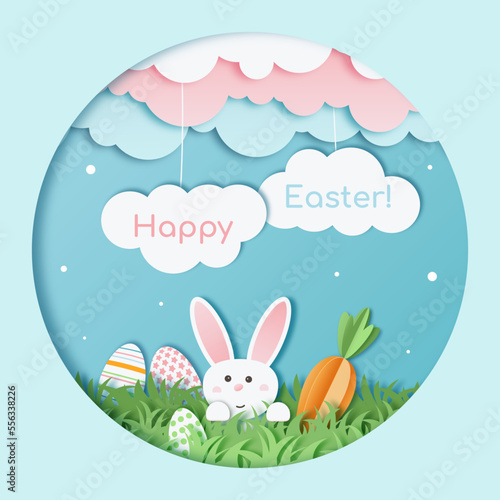 cutout happy easter. Paper cut card with rabbit and clouds. Easter bunny with eggs and carrot 