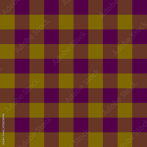 Seamless plaid pattern, tartan fabric on purple and yellow background, abstract square texture