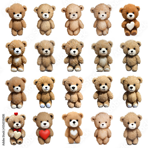 set of 20 teddy bears isolated on white background