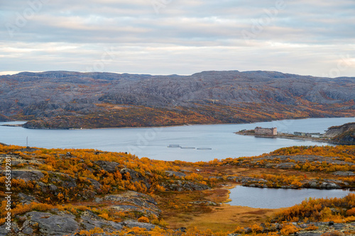 Colorful autumn tundra in front of lake in Liinahamari.