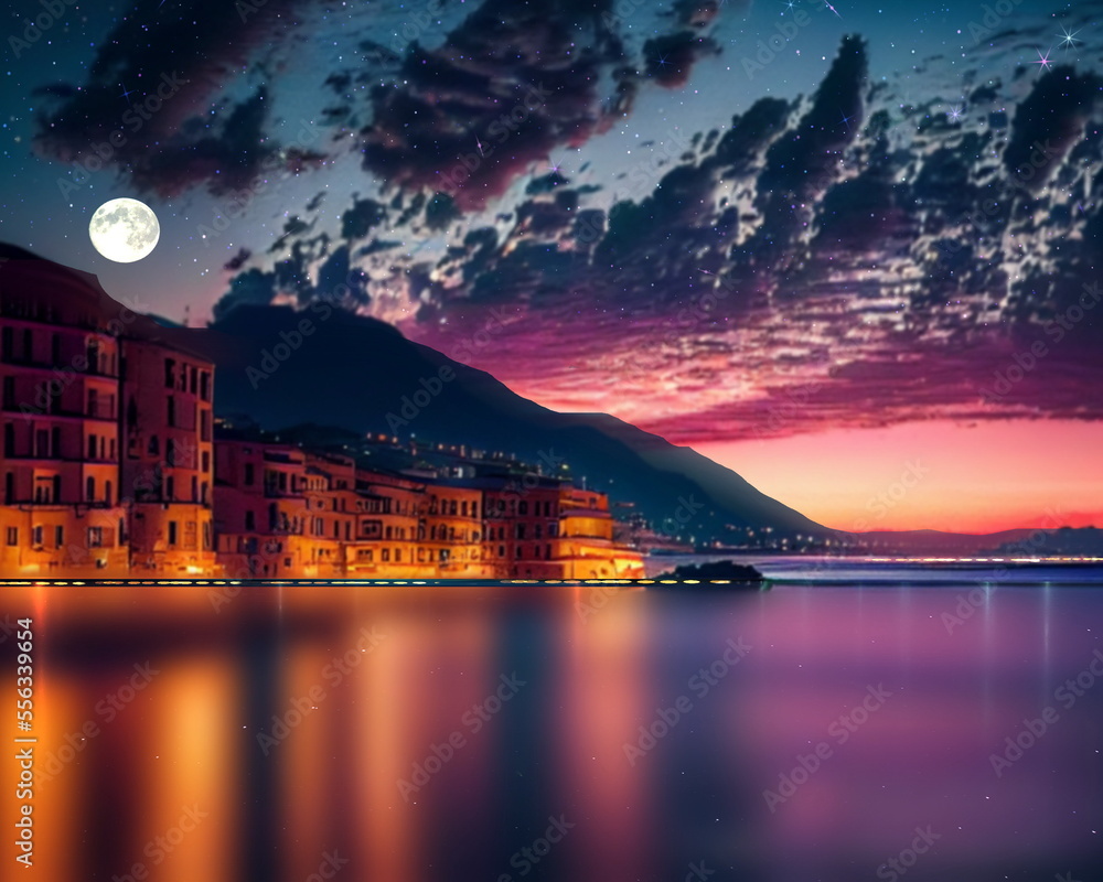  night at sea ,starry  sky  and big moonin Greece  , houses in harbor ,blue water wave , nebula milky way  on horizon city  blurred light , mediterranean sea  ,seascape