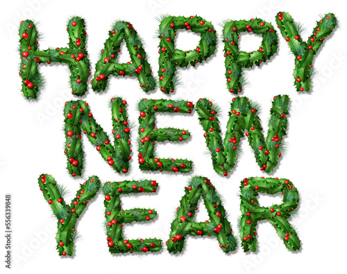 Happy New Year Text as a festive Christmas time Holiday season with letters and words made from Holly and pine tree decoration for New Years celebration and Happy Holidays