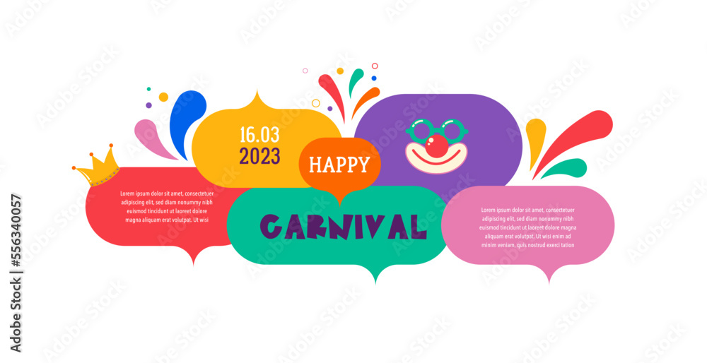 Colorful Speech Bubbles, street art, carnival concept design. Colorful background with splashes, speech bubbles, masks and confetti 