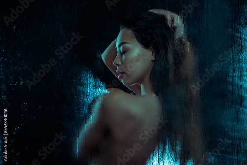 Photo of lady enjoy fresh moisturizing shampoo head and shoulders isolated on dark color background with droplets