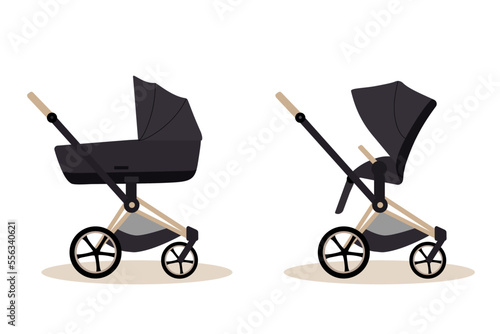 Modern baby girl and boy carriages isolated on white background
