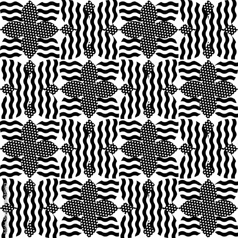 Black and white seamless pattern with repeating elements.