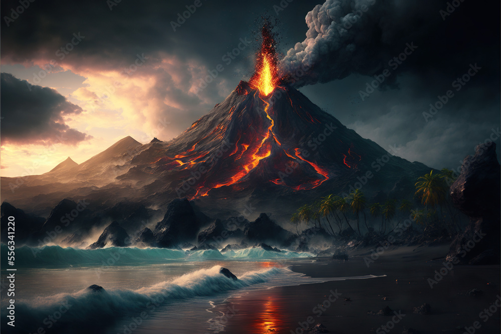 volcano erupting on the beach AI generated