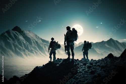 Silhouett Soldiers Looking Sky in mountainous Terrain AI generative