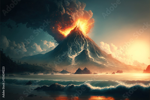 volcano erupting on the beach AI generated