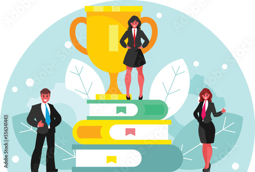 Business team achievements. Golden cup, trophy standing on a stack of books. Business goal, idea. Victory concept. Vector graphics