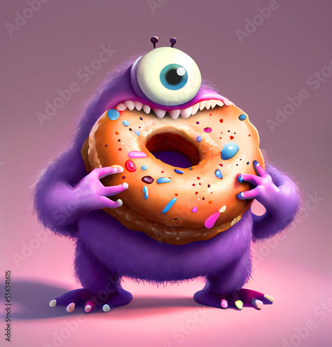 Illustration of a cute funny purple hairy furry monster holding and eating a large donut with chocolate and sprinkles on top, isolated.