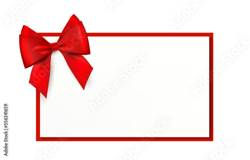 Greeting card with a red satin bow on the corner. Mockup with empty space. Frame with bow