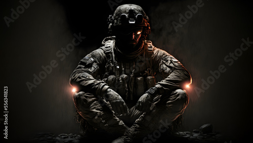 soldier in camouflaged uniform, sitting with vertical dramatic light., neural network generated art