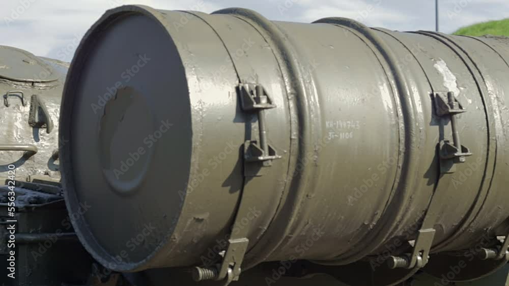 Thermal smoke equipment for placing smoke screens on tanks, combat vehicles and armored personnel carriers. Large cylindrical tanks at the stern of the tank. Barrels are used as tanks for fuel or oil. Thermal smoke equipment for placing smoke screens on tanks, combat vehicles and armored personnel carriers. Large cylindrical tanks at the stern of the tank. Barrels are used as tanks for fuel or oil.