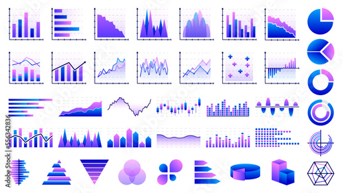 Business Data Charts. Diagrams and Graphs collection. Business data market elements, statistic and data, infographics business, money, down or up, analytic report. Vector illustration.