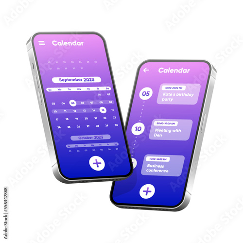 Calendar App mockup. Month, week and day interface application. Daily tasks screen. Weekly checklist application. Planner template. 3D interface, UX for app. Vector illustration.