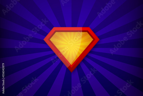 Superhero Shield on pop background. Superhero logo template. Red, yellow frame with diverging rays on a blue background. Vector illustration.